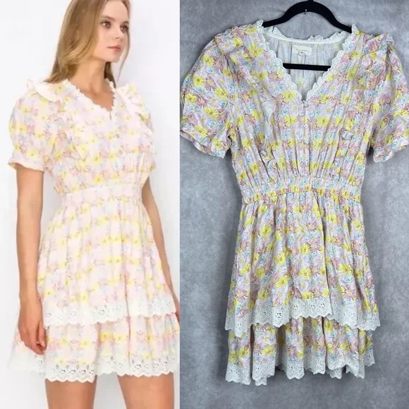 Melloday Button Front Lace Trimmed Floral Spring Easter Mini Dress Size L - Picture 1 of 8